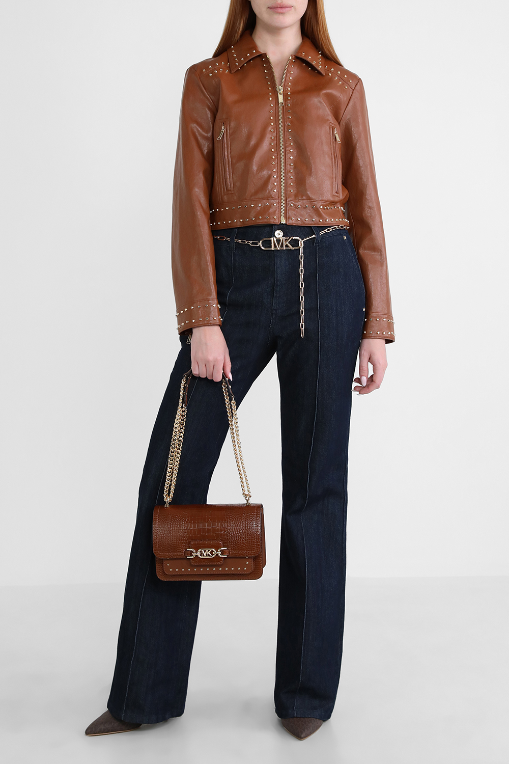 ז'קט עור קרופ משובץ